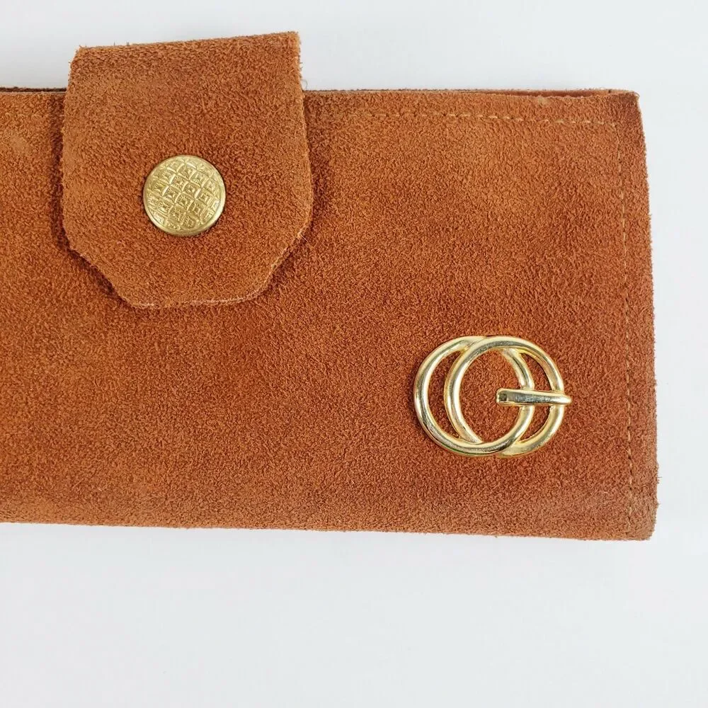 Vtg Camel Tan Suede Wallet Pocket Book Gold Tone Accents Pocket Book Retro 70s